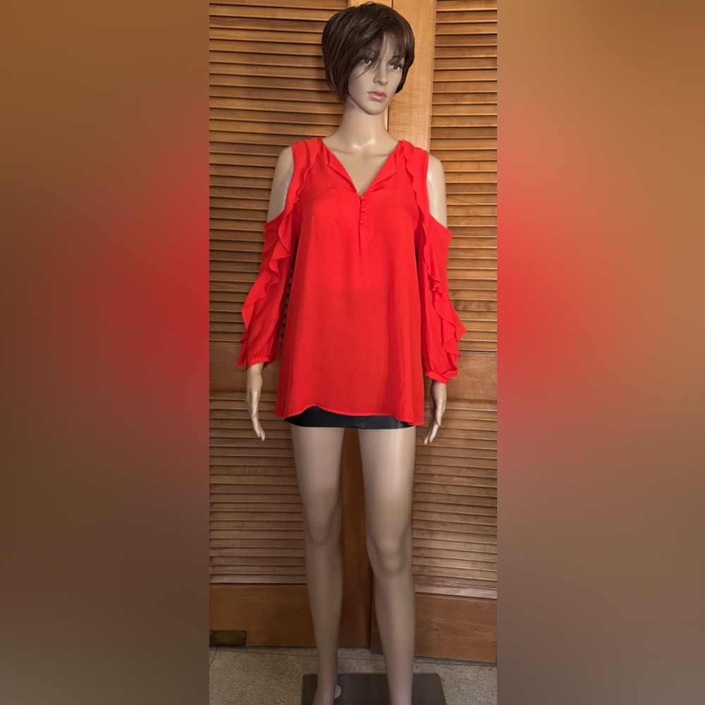 Elaine Turner Red Ruffled Cut-Out Blouse Size S